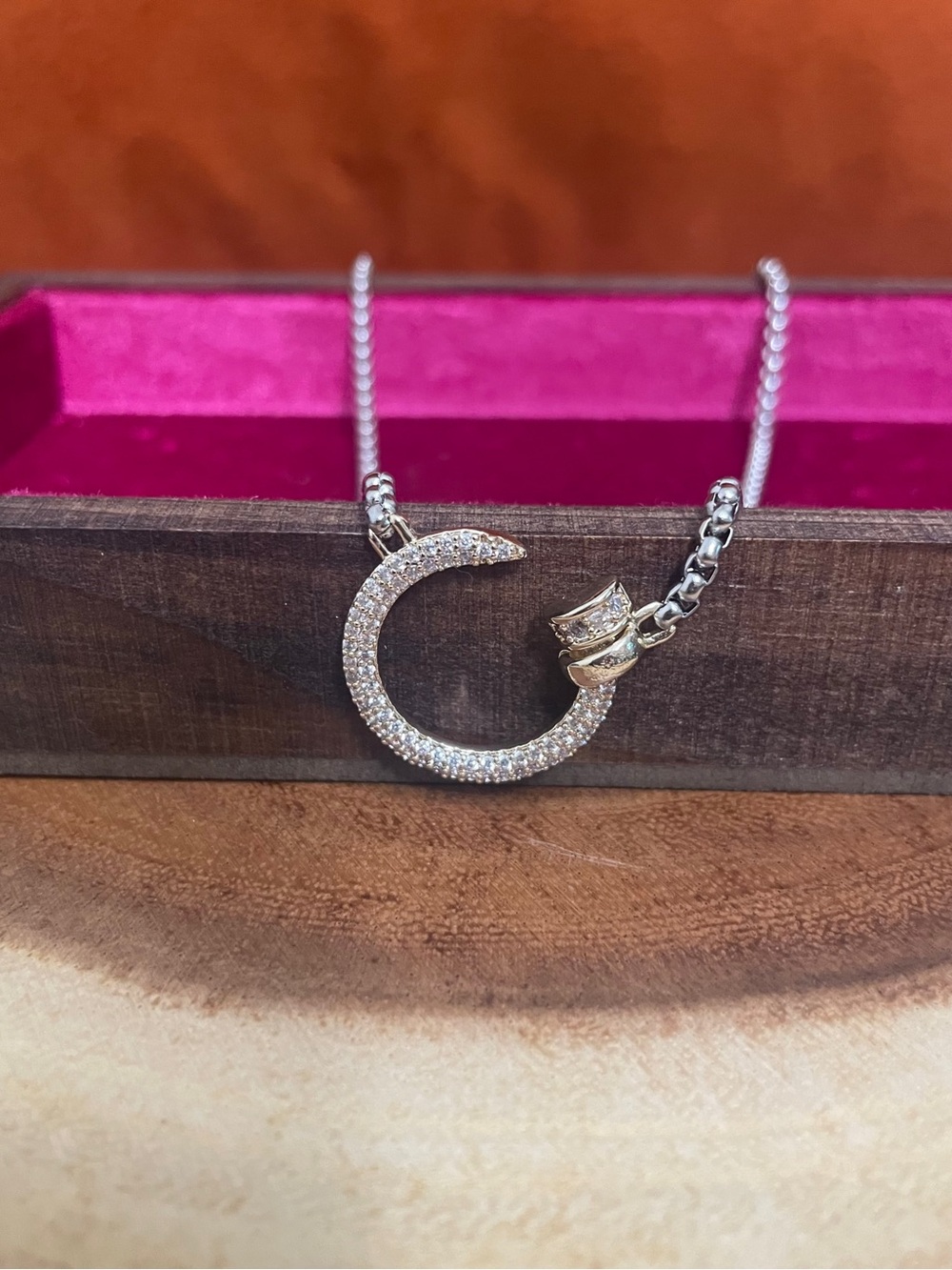 Two Tone Iced Out Bent Nail Necklace Gold and Rhodium Designer Inspired NWOT - Picture 8 of 10